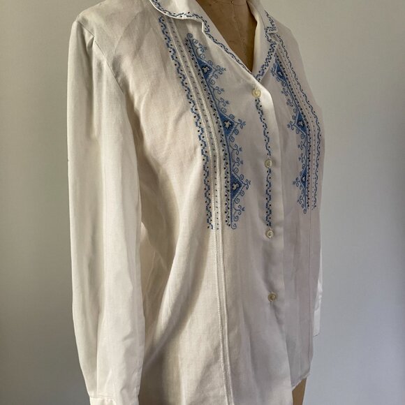 60s 70s Greek Boho Light Cotton Blend Embroider Needlepoint Button Up Blouse Med - Picture 3 of 13
